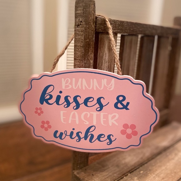 Easter Hanging Wood Wall Decor Signs Set of 2, Bunny Kisses & Easter Wishes Sign - Picture 14 of 16